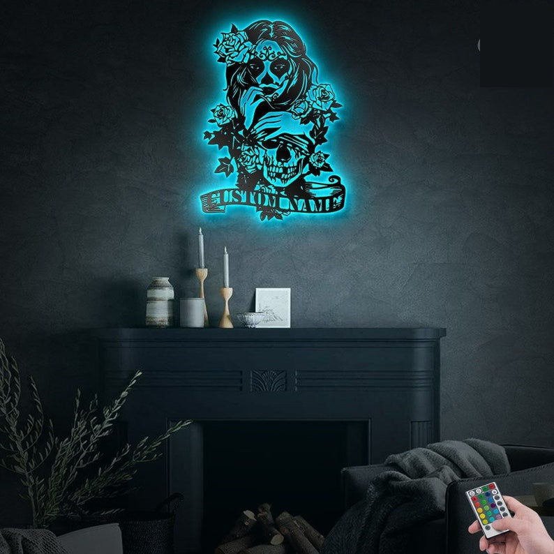 Skull Couple Sugar Skull Personalized - Led Light Metal - Owls Matrix LTD