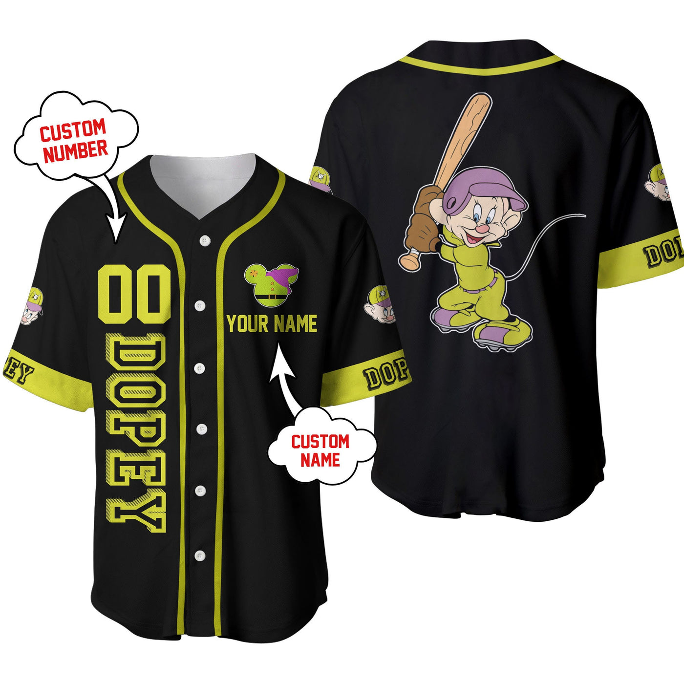 Dopey Dwarf Black Disney Personalized Unisex Cartoon Custom Baseball Jersey