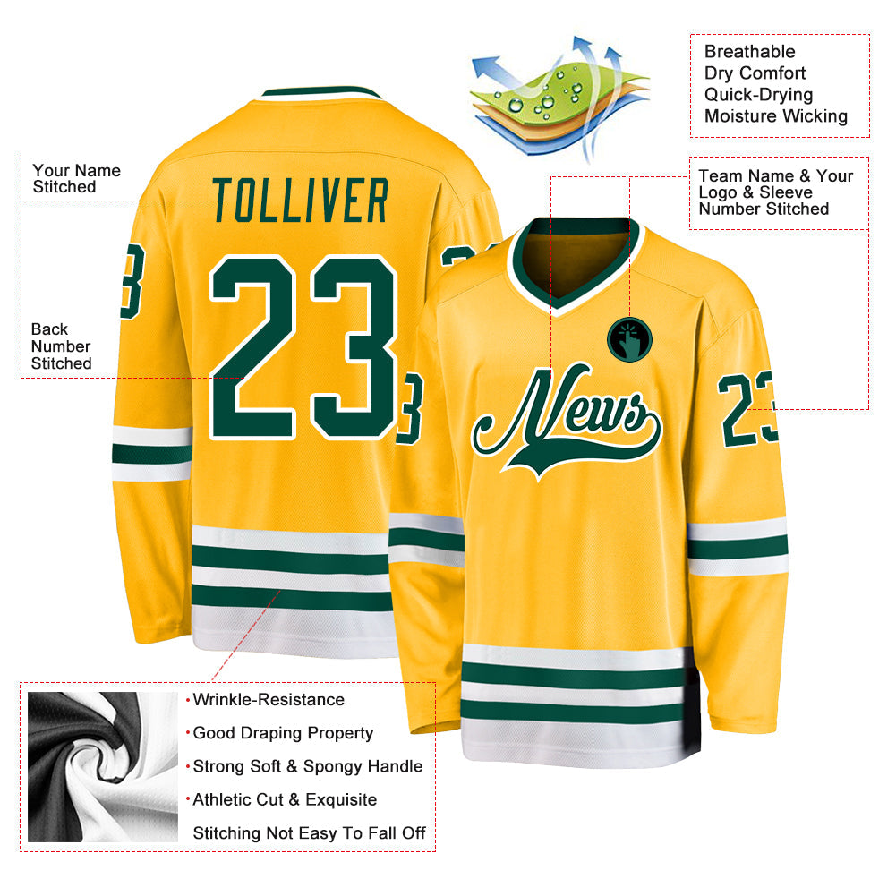 Custom Gold Green-White Hockey Jersey