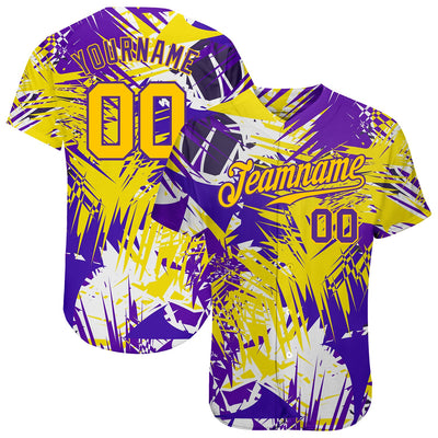 Custom Graffiti Pattern Gold-Purple 3D Authentic Baseball Jersey - Owls Matrix LTD