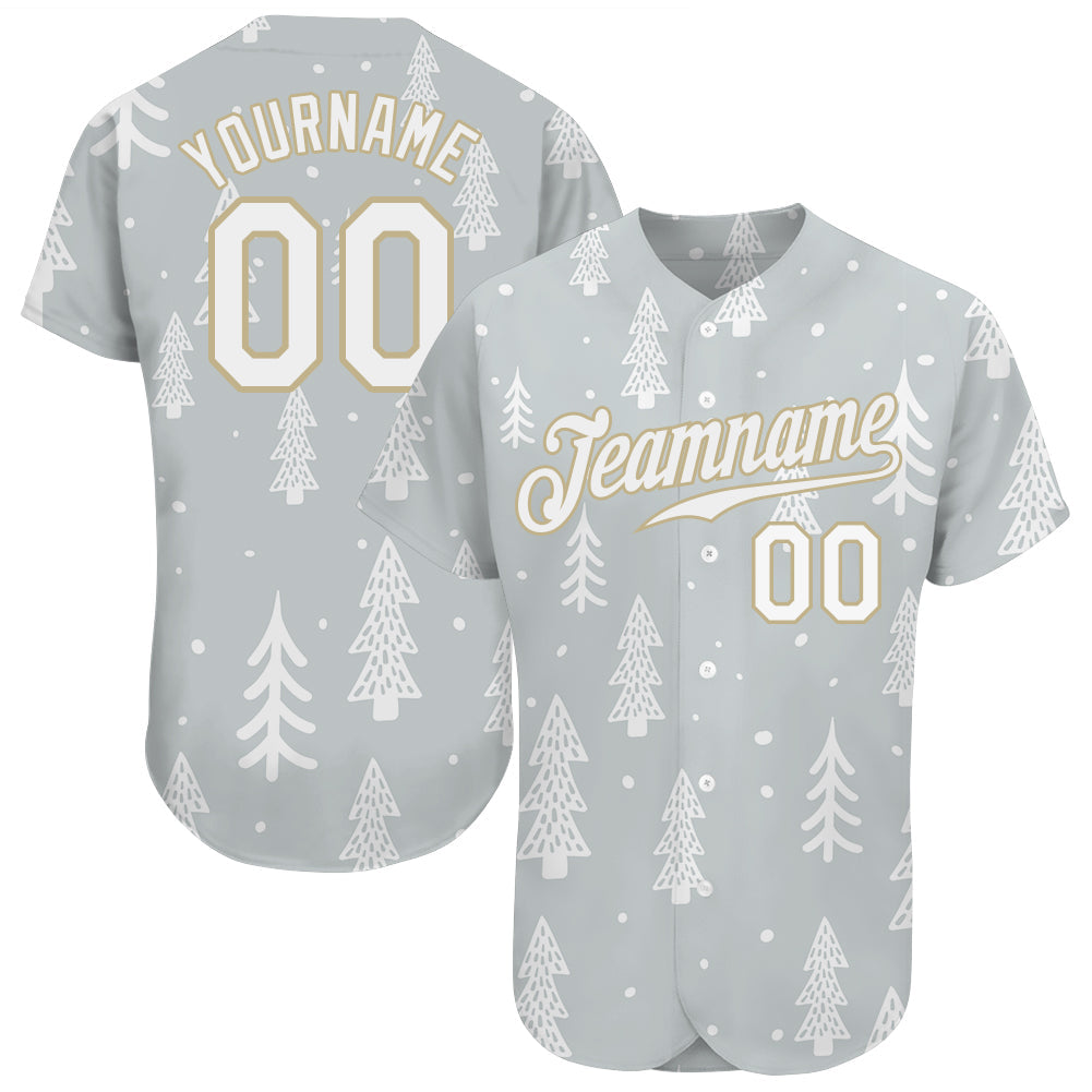 Custom Gray White-Old Gold Christmas 3D Authentic Baseball Jersey - Owls Matrix LTD