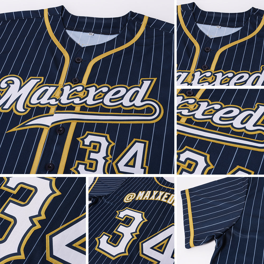 Custom Navy White Pinstripe White-Old Gold Authentic Baseball Jersey - Owls Matrix LTD