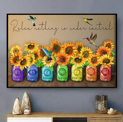 Yoga Love Peace Sunflower Hummingbird - Horizontal Poster - Owls Matrix LTD