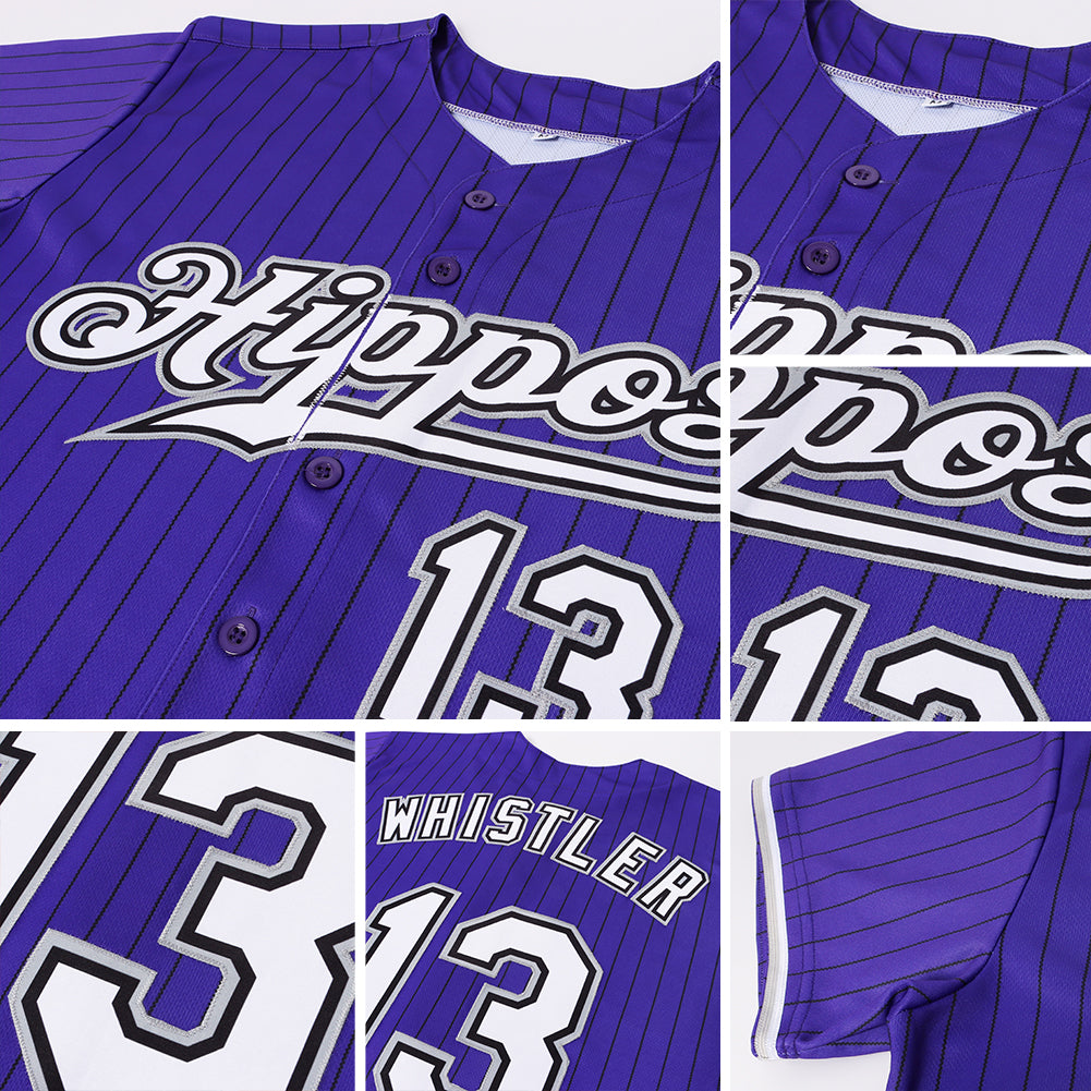 Custom Purple Black Pinstripe White-Gray Authentic Baseball Jersey - Owls Matrix LTD