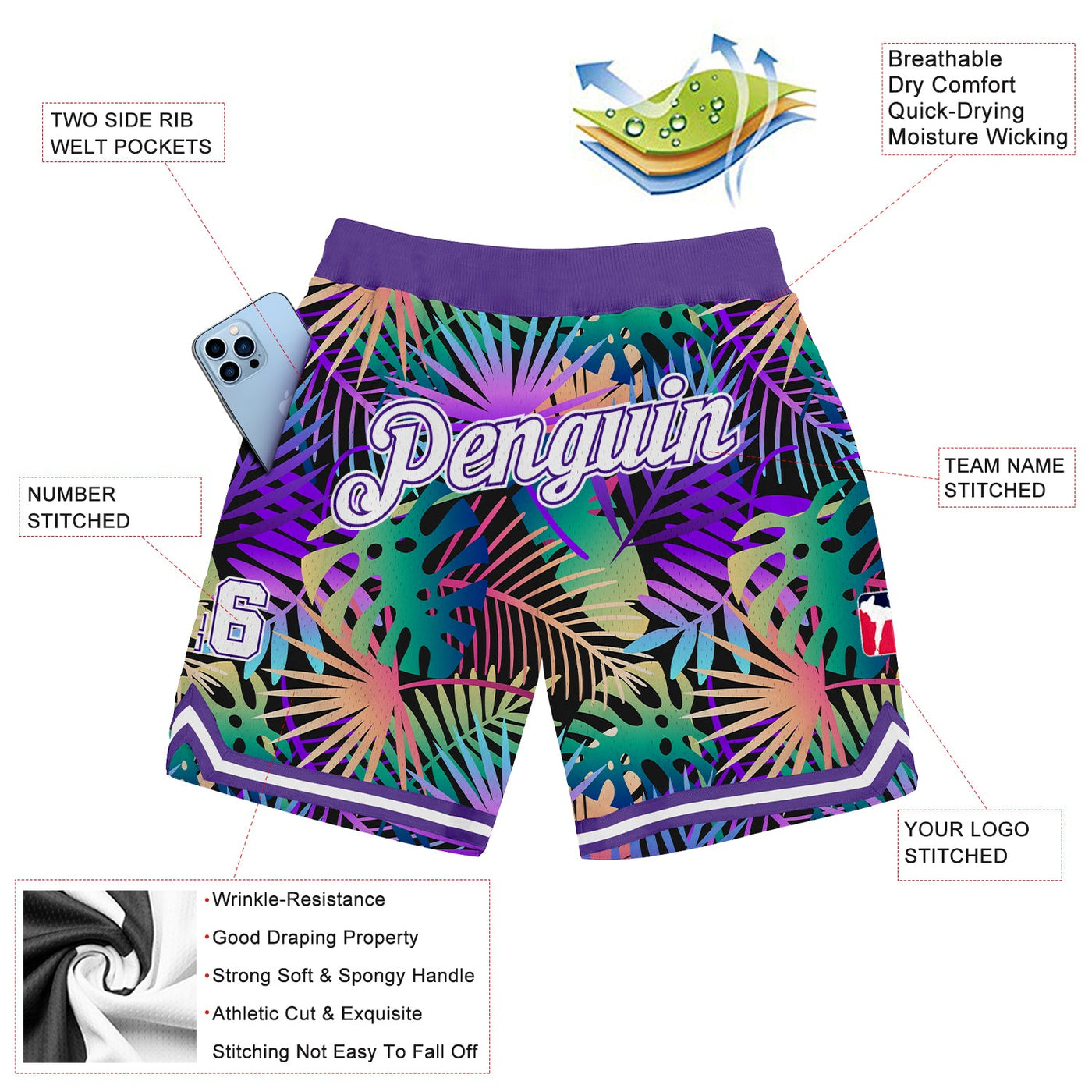 Custom Purple White-Purple 3D Pattern Design Tropical Plants Authentic Basketball Shorts