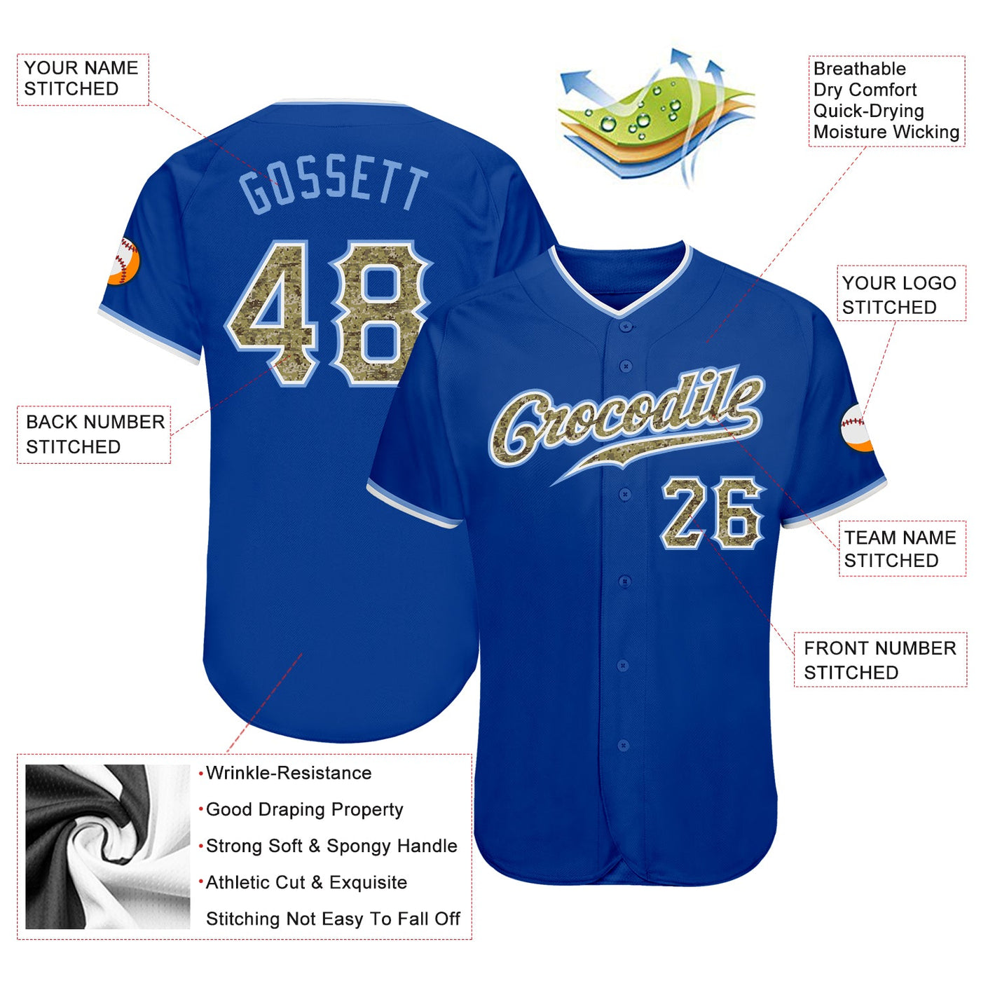 Custom Royal Camo-Light Blue Authentic Baseball Jersey - Owls Matrix LTD