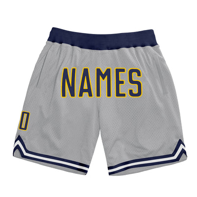 Custom Silver Gray Navy-Gold Authentic Throwback Basketball Shorts