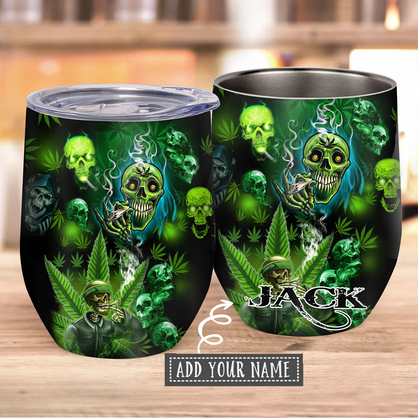 Skull So High With Stunning Green Personalized - Wine Tumbler - Owls Matrix LTD