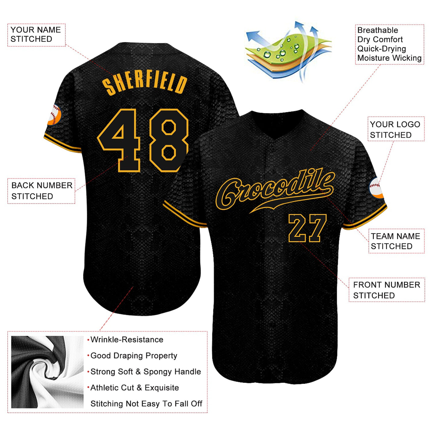 Custom Black Snakeskin Black-Gold Authentic Baseball Jersey - Owls Matrix LTD