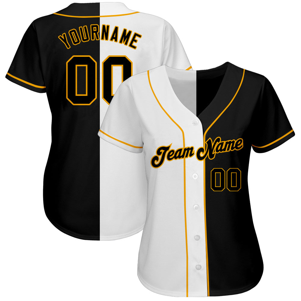 Custom White-Black Gold Authentic Split Fashion Baseball Jersey - Owls Matrix LTD