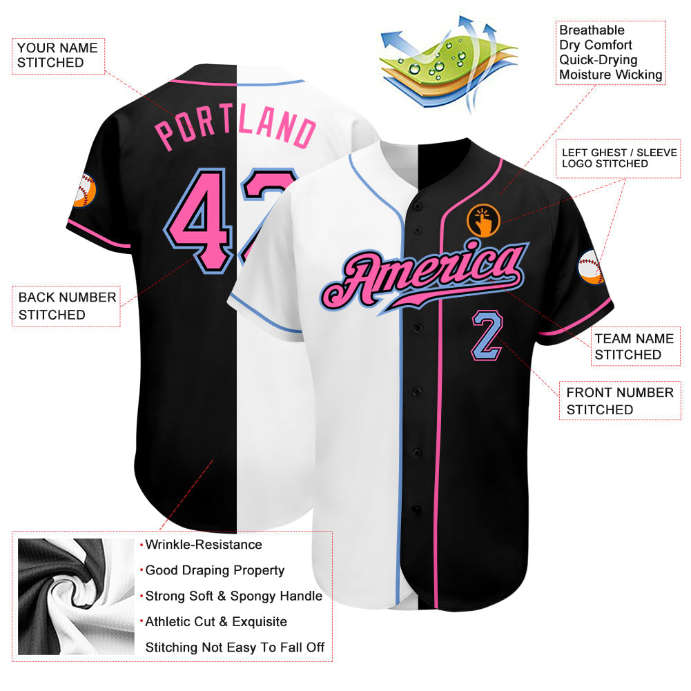 Custom Black Pink-White Authentic Split Fashion Baseball Jersey - Owls Matrix LTD