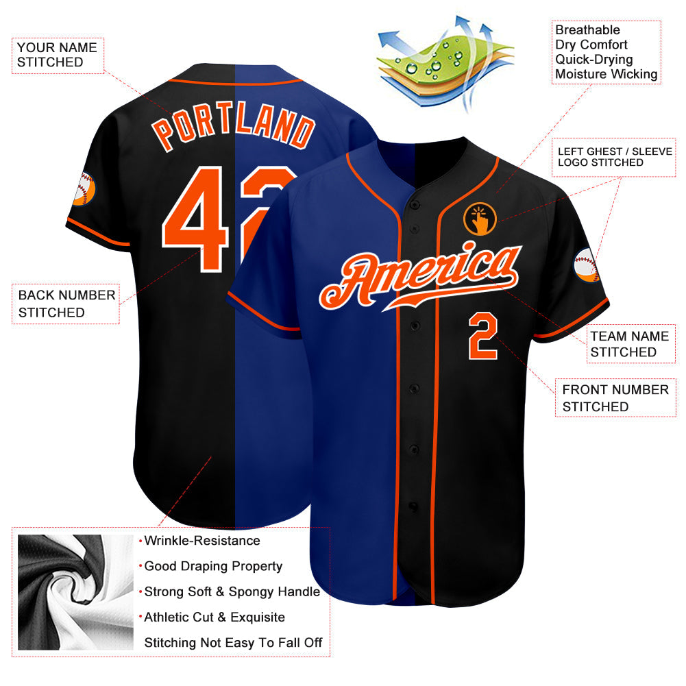Custom Black Orange-Royal Authentic Split Fashion Baseball Jersey - Owls Matrix LTD