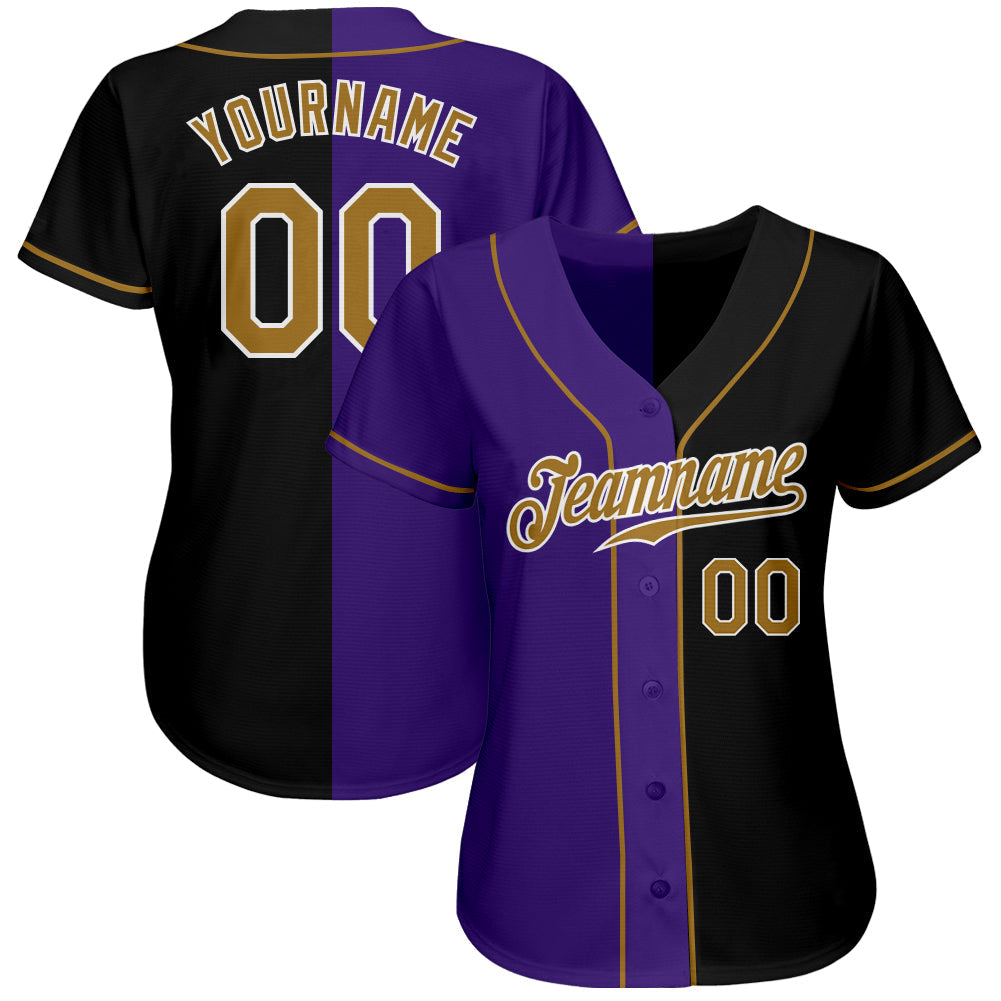 Custom Black Old Gold-Purple Authentic Split Fashion Baseball Jersey - Owls Matrix LTD