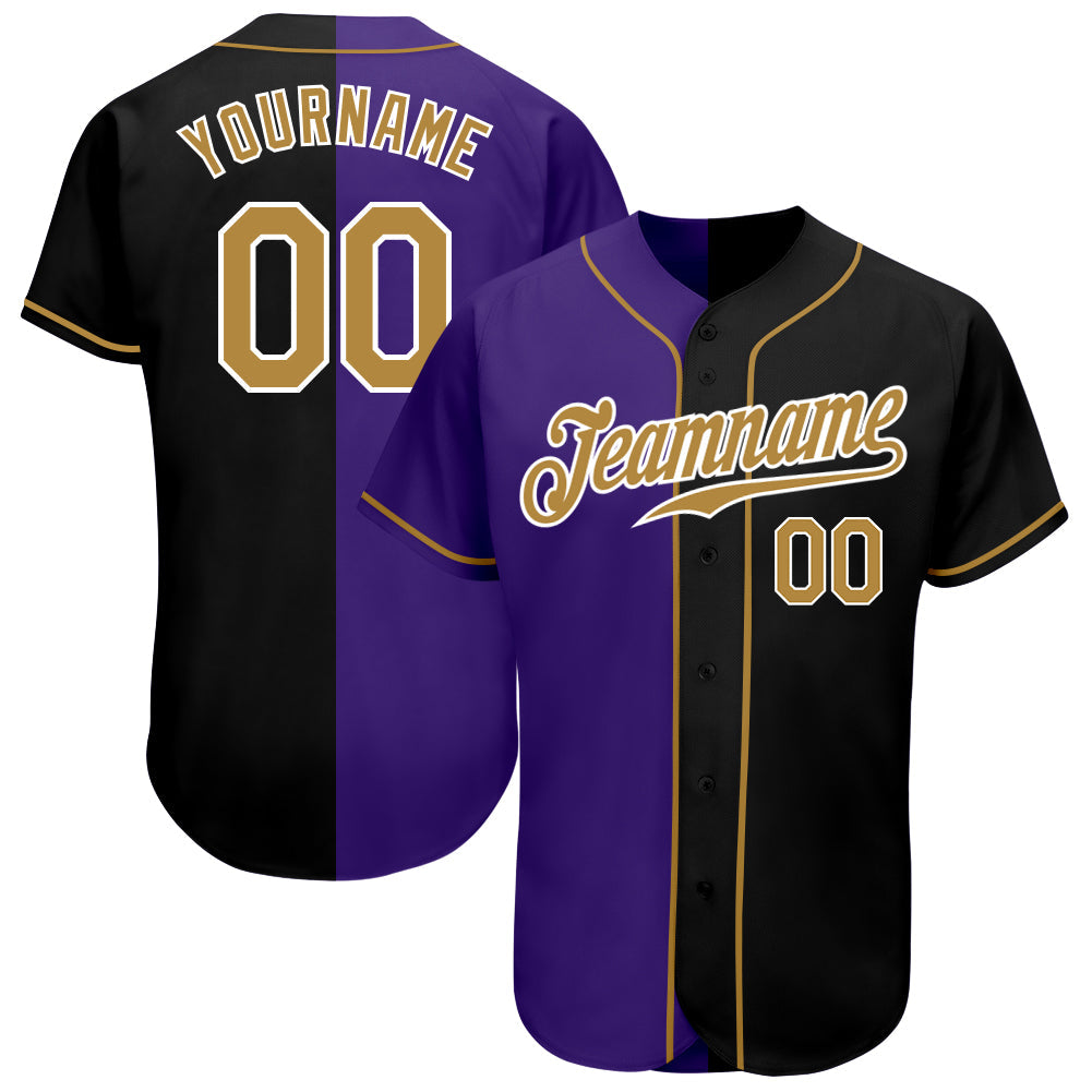 Custom Black Old Gold-Purple Authentic Split Fashion Baseball Jersey - Owls Matrix LTD