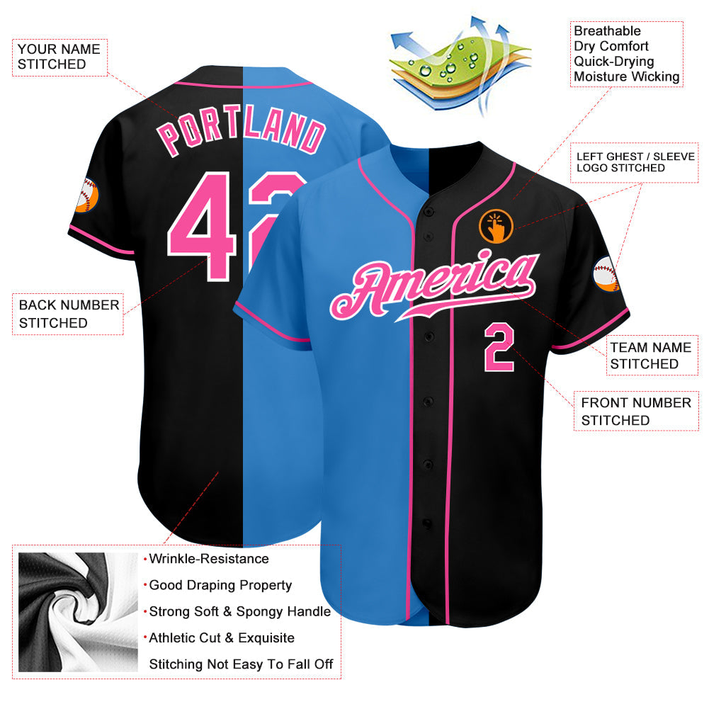 Custom Black Pink-Powder Blue Authentic Split Fashion Baseball Jersey - Owls Matrix LTD