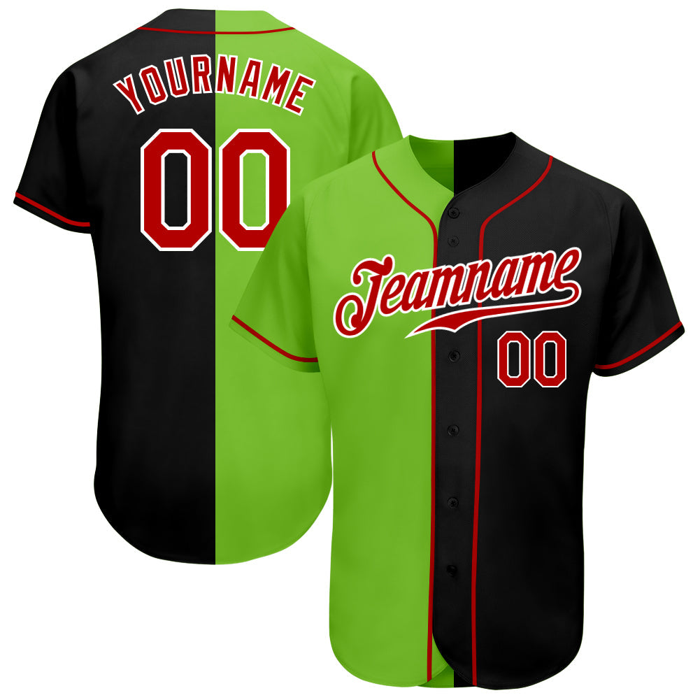 Custom Black Red-Neon Green Authentic Split Fashion Baseball Jersey - Owls Matrix LTD