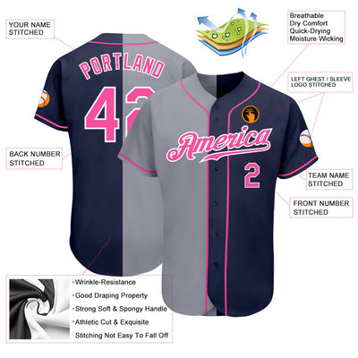 Custom Navy Pink-Gray Authentic Split Fashion Baseball Jersey - Owls Matrix LTD