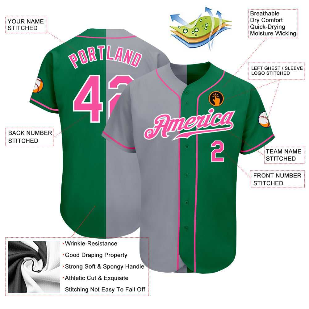Custom Kelly Green Pink-Gray Authentic Split Fashion Baseball Jersey - Owls Matrix LTD
