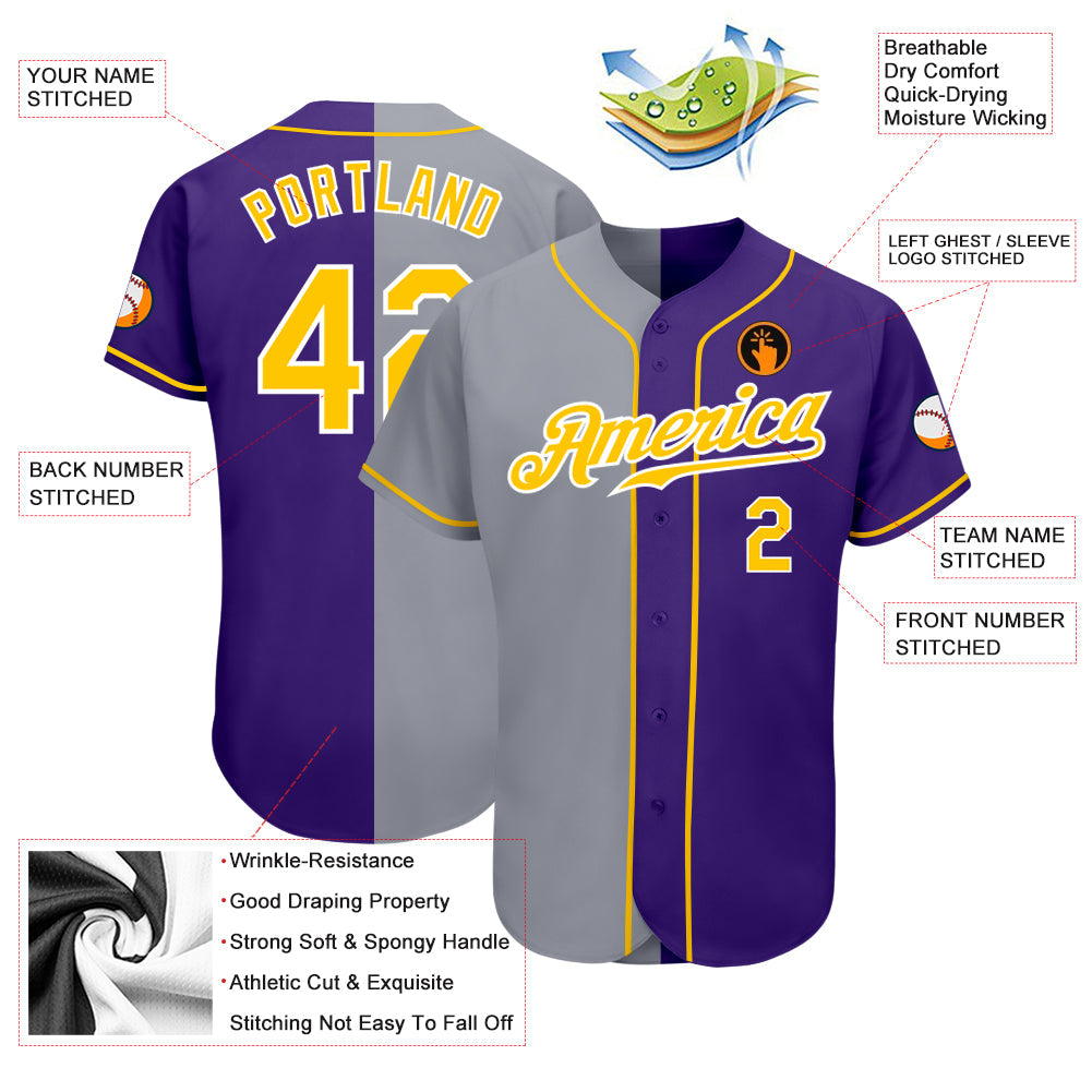 Custom Purple Gold-Gray Authentic Split Fashion Baseball Jersey - Owls Matrix LTD
