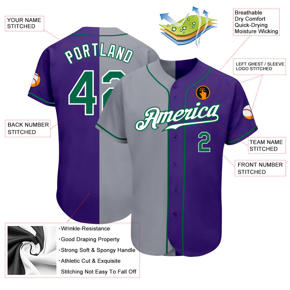 Custom Purple Kelly Green-Gray Authentic Split Fashion Baseball Jersey - Owls Matrix LTD