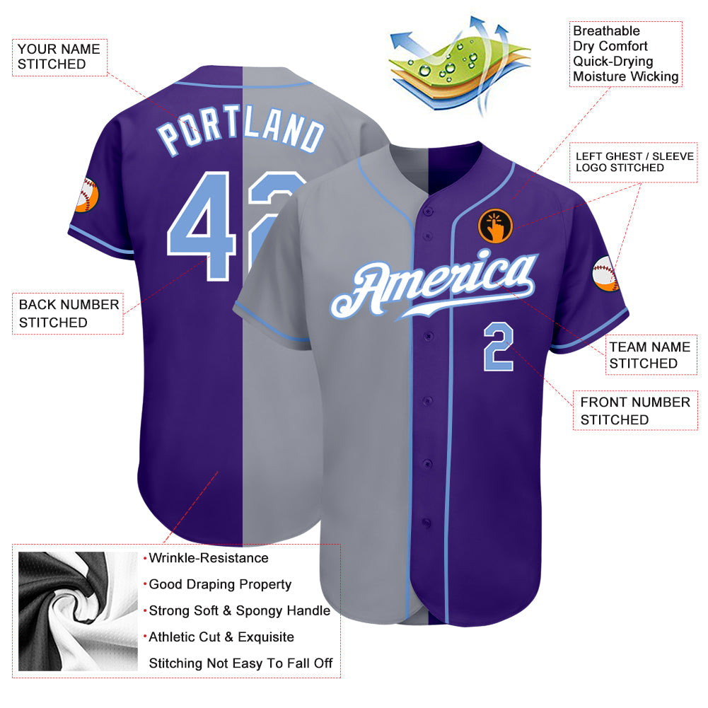 Custom Purple Light Blue-Gray Authentic Split Fashion Baseball Jersey - Owls Matrix LTD