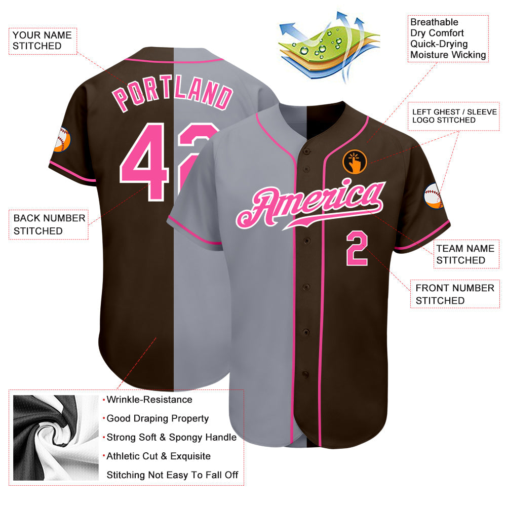 Custom Brown Pink-Gray Authentic Split Fashion Baseball Jersey - Owls Matrix LTD