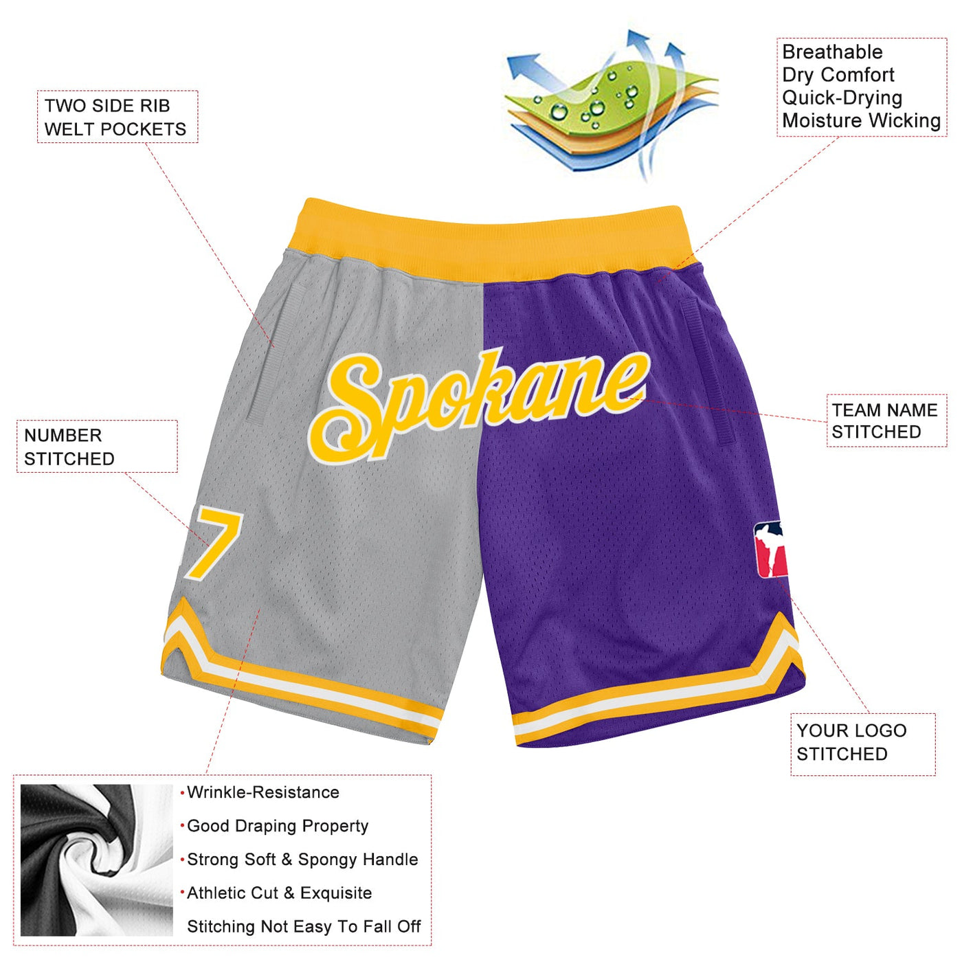 Custom Silver Gray Gold-Purple Authentic Throwback Split Fashion Basketball Shorts