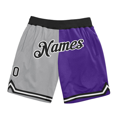 Custom Silver Gray Black-Purple Authentic Throwback Split Fashion Basketball Shorts