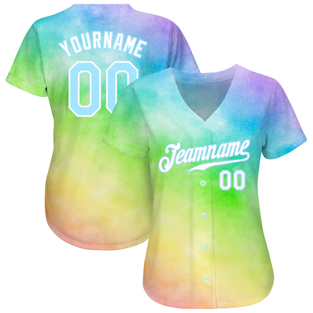 Custom Tie Dye Light Blue-White 3D Rainbow Authentic Baseball Jersey - Owls Matrix LTD