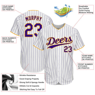 Custom White Purple Pinstripe Purple-Gold Authentic Baseball Jersey - Owls Matrix LTD