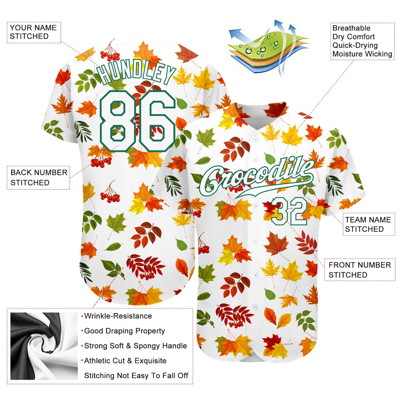 Custom White White-Kelly Green 3D Pattern Design Autumn Leaves Authentic Baseball Jersey - Owls Matrix LTD