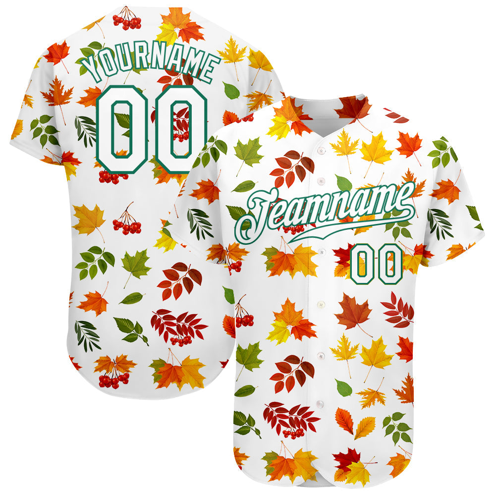 Custom White White-Kelly Green 3D Pattern Design Autumn Leaves Authentic Baseball Jersey - Owls Matrix LTD