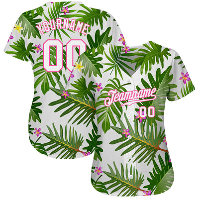 Custom White White-Pink 3D Pattern Design Tropical Leaves Authentic Baseball Jersey - Owls Matrix LTD