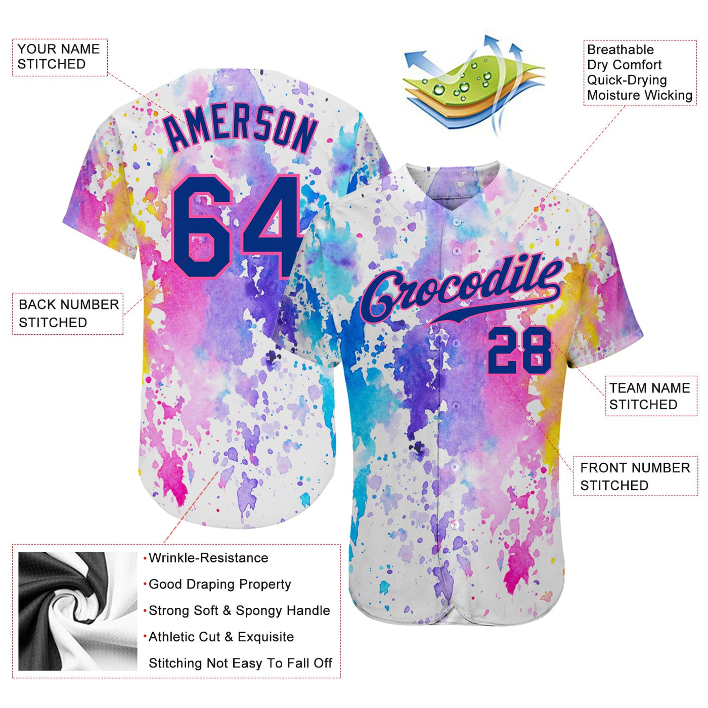 Custom White Royal-Pink 3D Pattern Design Watercolor Authentic Baseball Jersey - Owls Matrix LTD