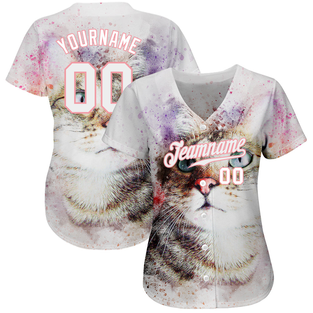 Custom White White-Pink 3D Pattern Design Cat Authentic Baseball Jersey - Owls Matrix LTD