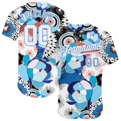 Custom White White-Light Blue 3D Pattern Design Flowers Authentic Baseball Jersey - Owls Matrix LTD